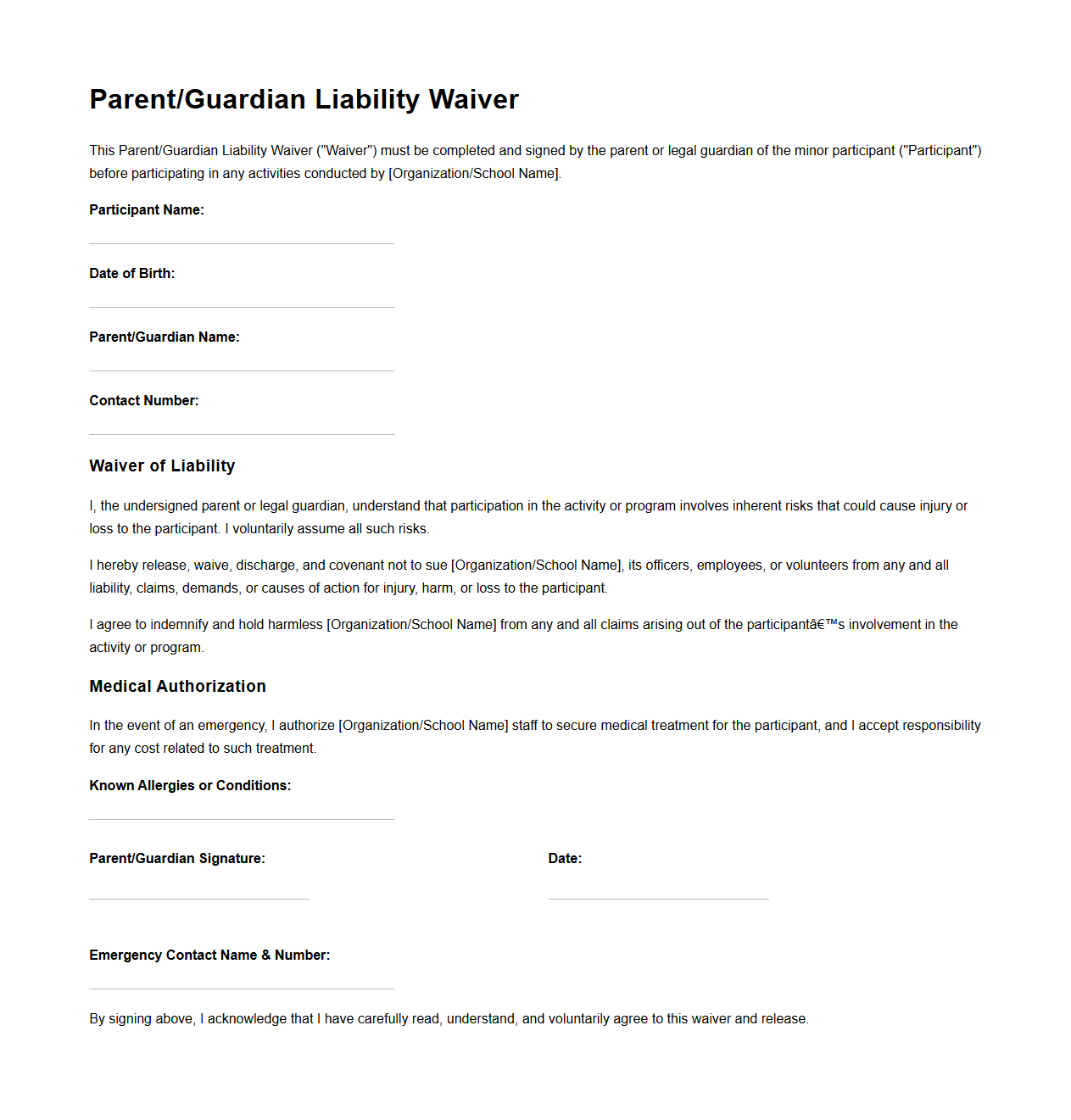 Parent Guardian Liability Waiver Template
