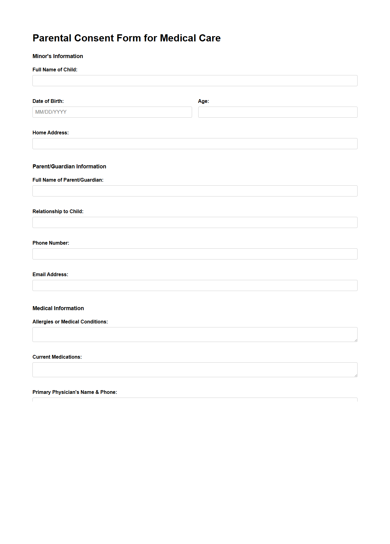Parental Consent Form for Medical Care