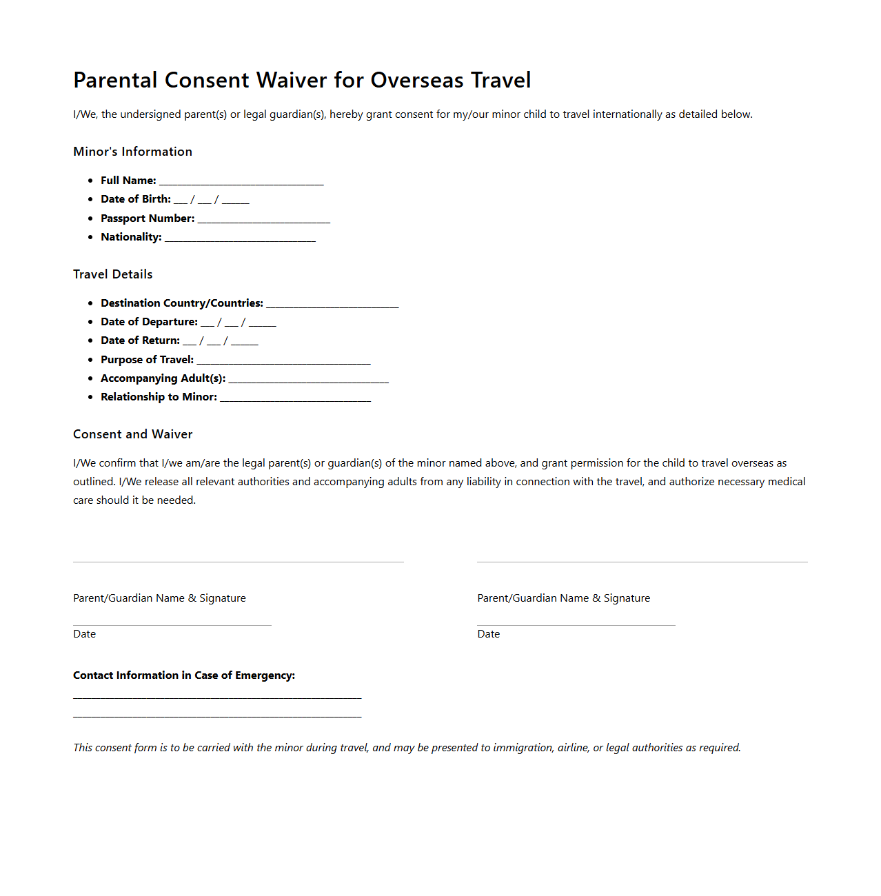Parental Consent Waiver for Overseas Travel