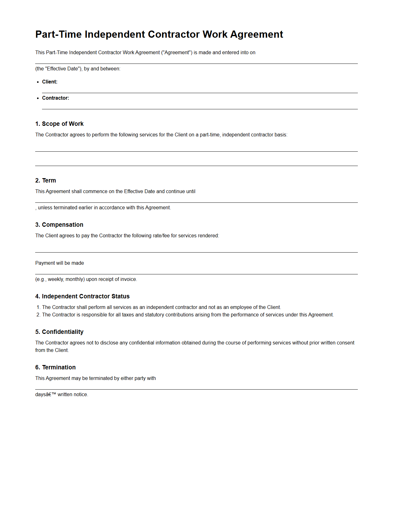 Part-Time Independent Contractor Work Agreement Example