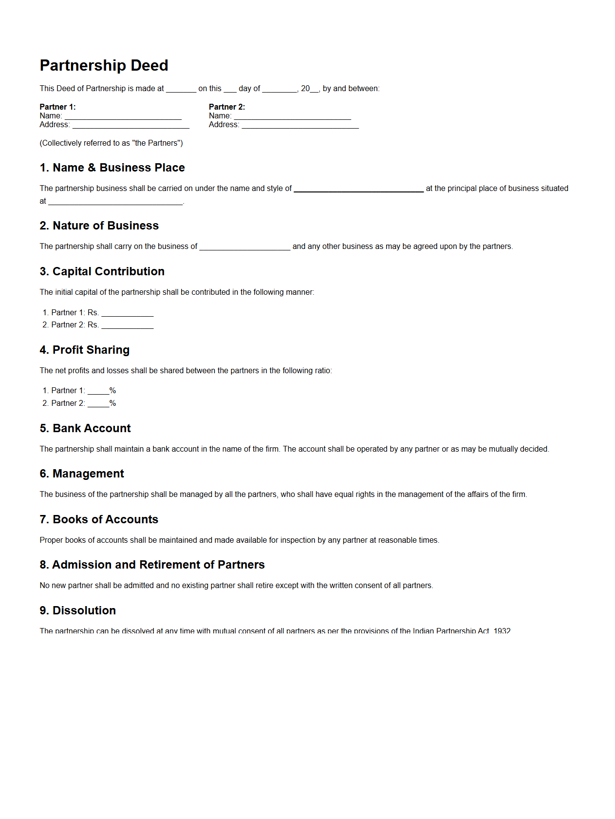 Partnership Deed Format for Small Business