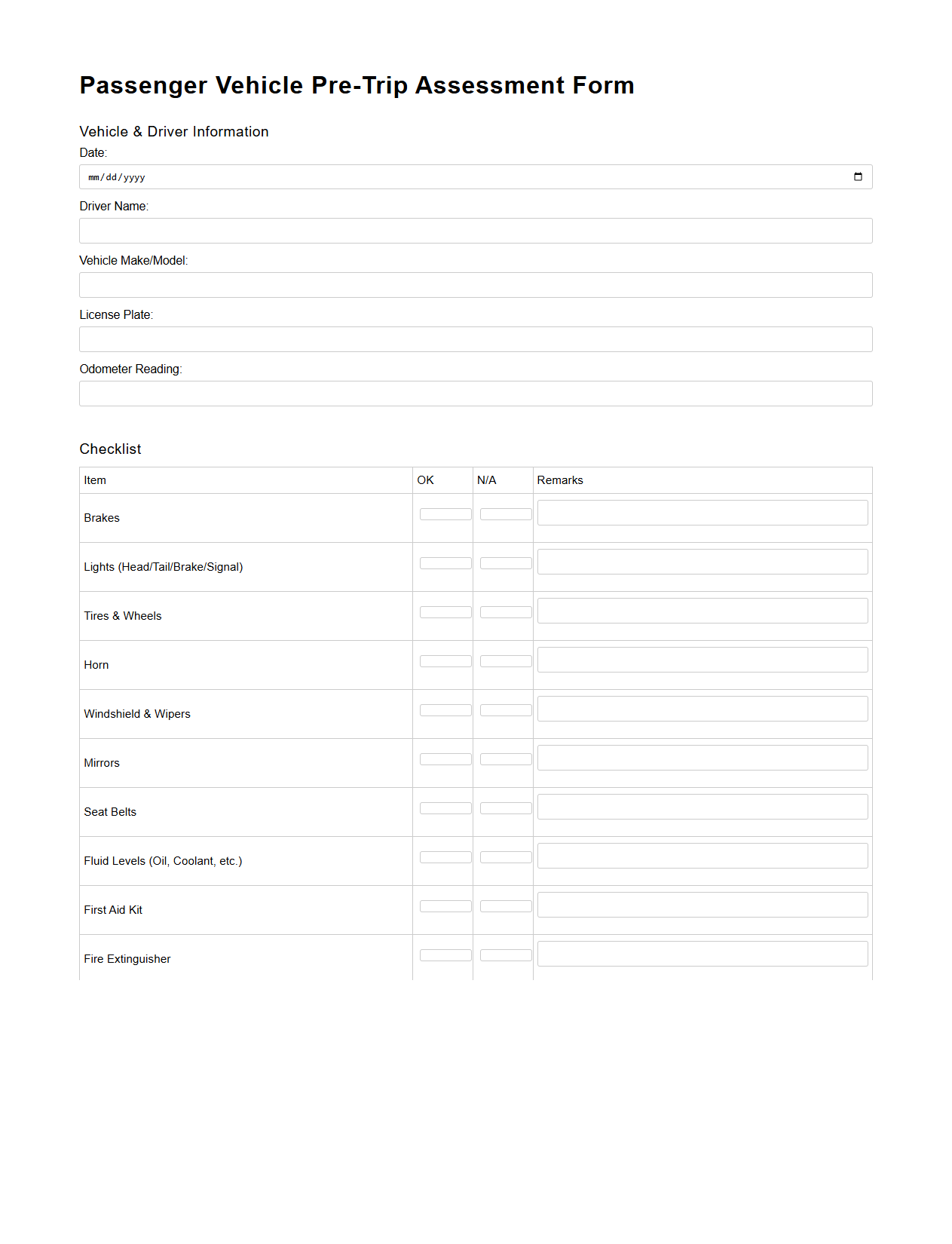 Passenger Vehicle Pre-Trip Assessment Form
