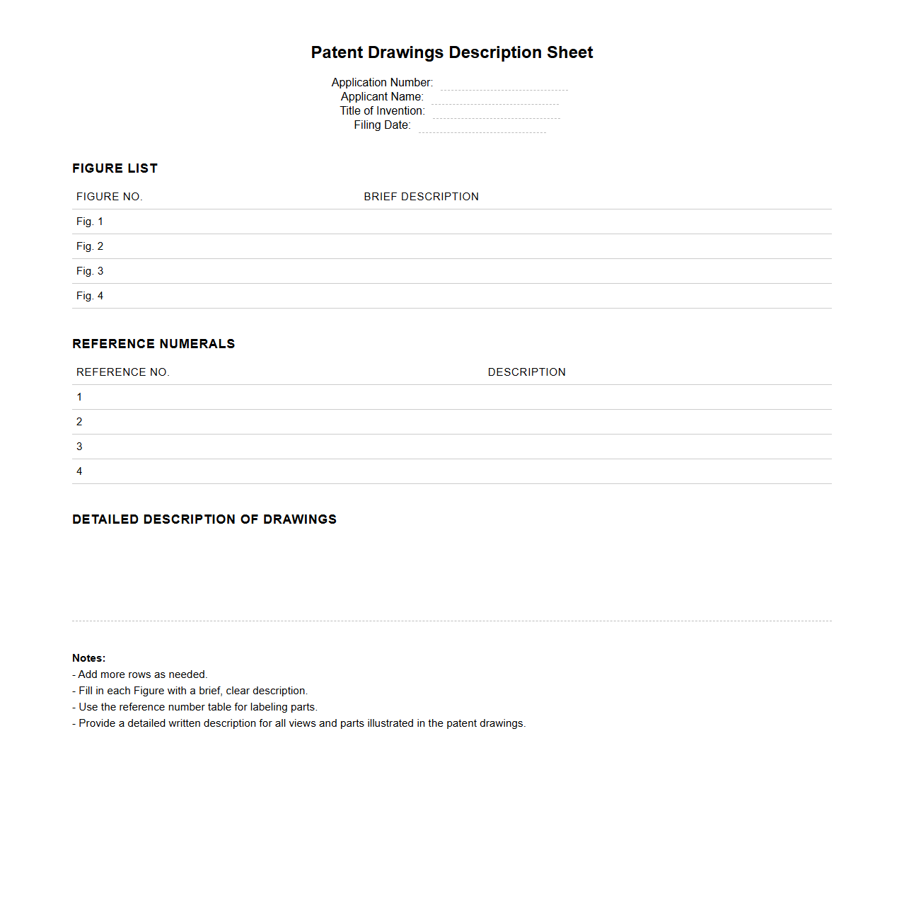 Patent Drawings Description Sheet Template
