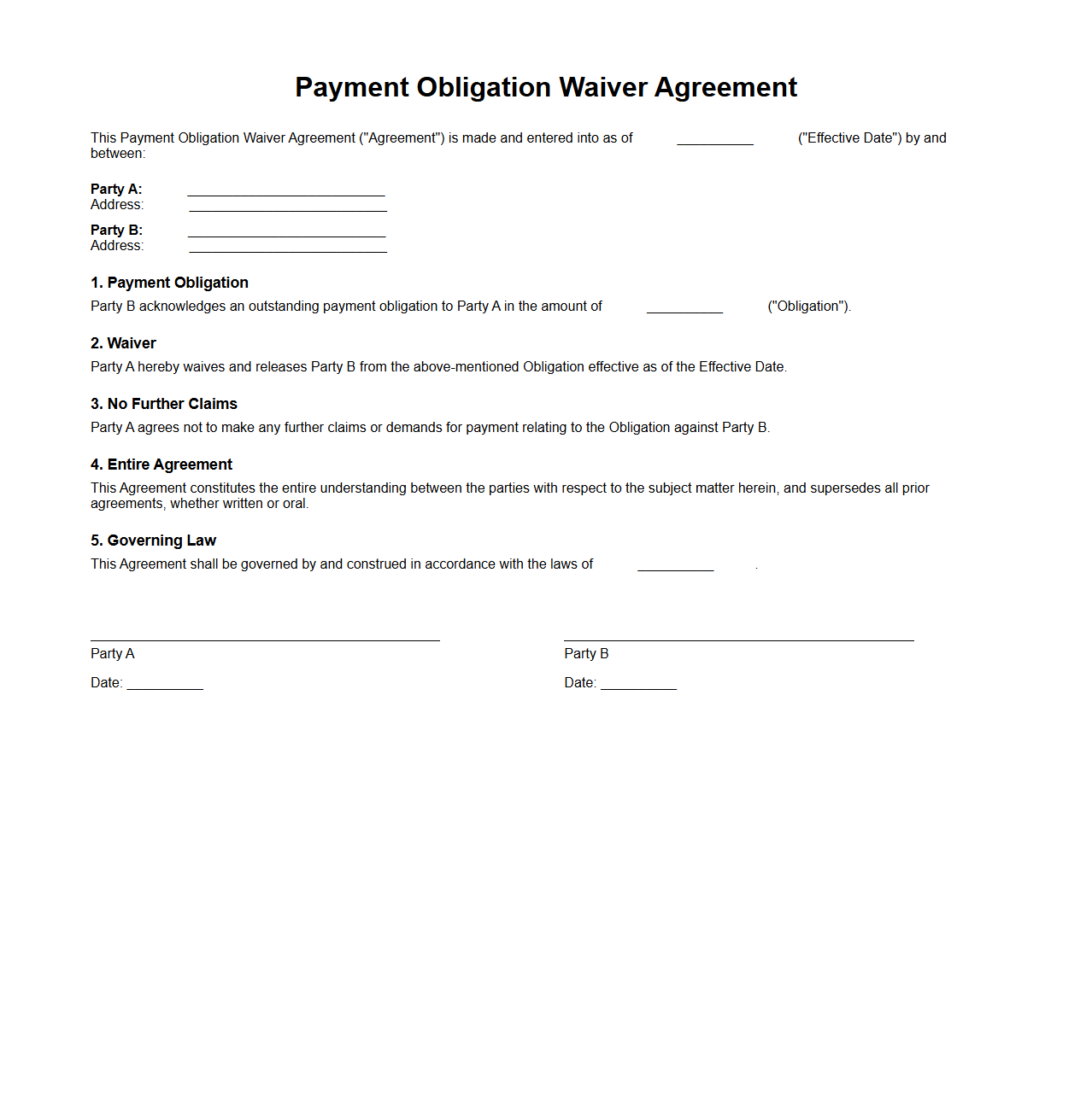 Payment Obligation Waiver Agreement