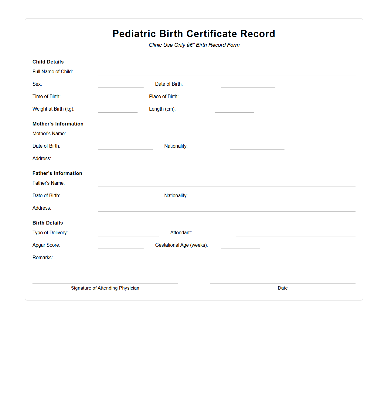 Pediatric Birth Record Blank Certificate for Clinics