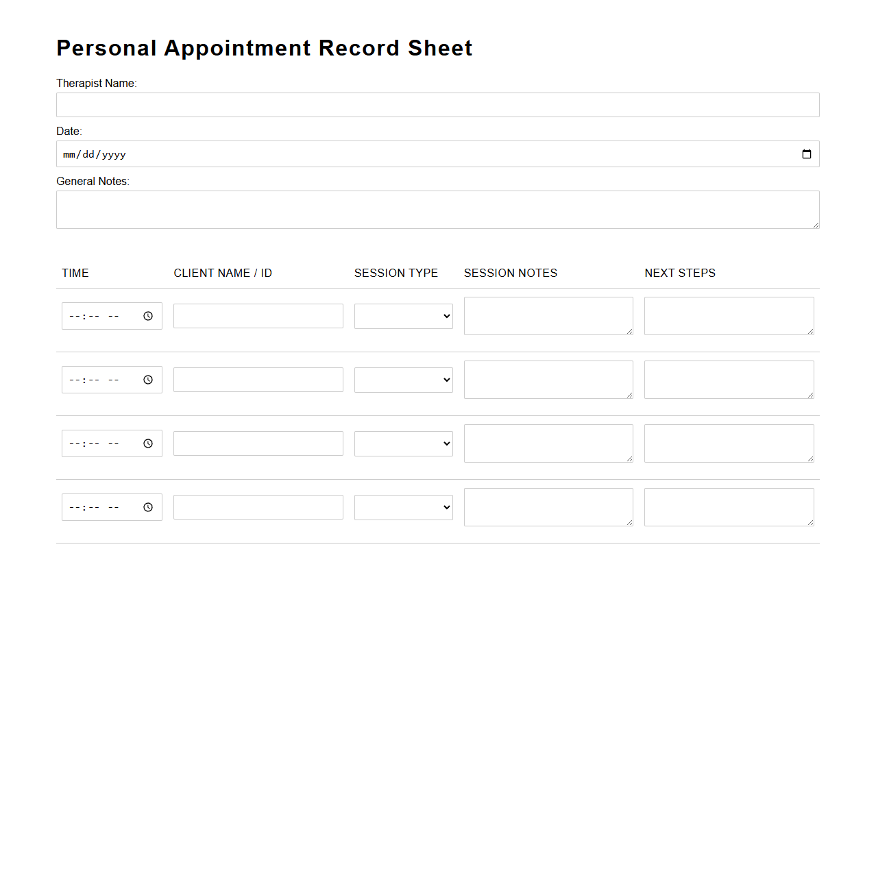 Personal Appointment Record Sheet for Therapists