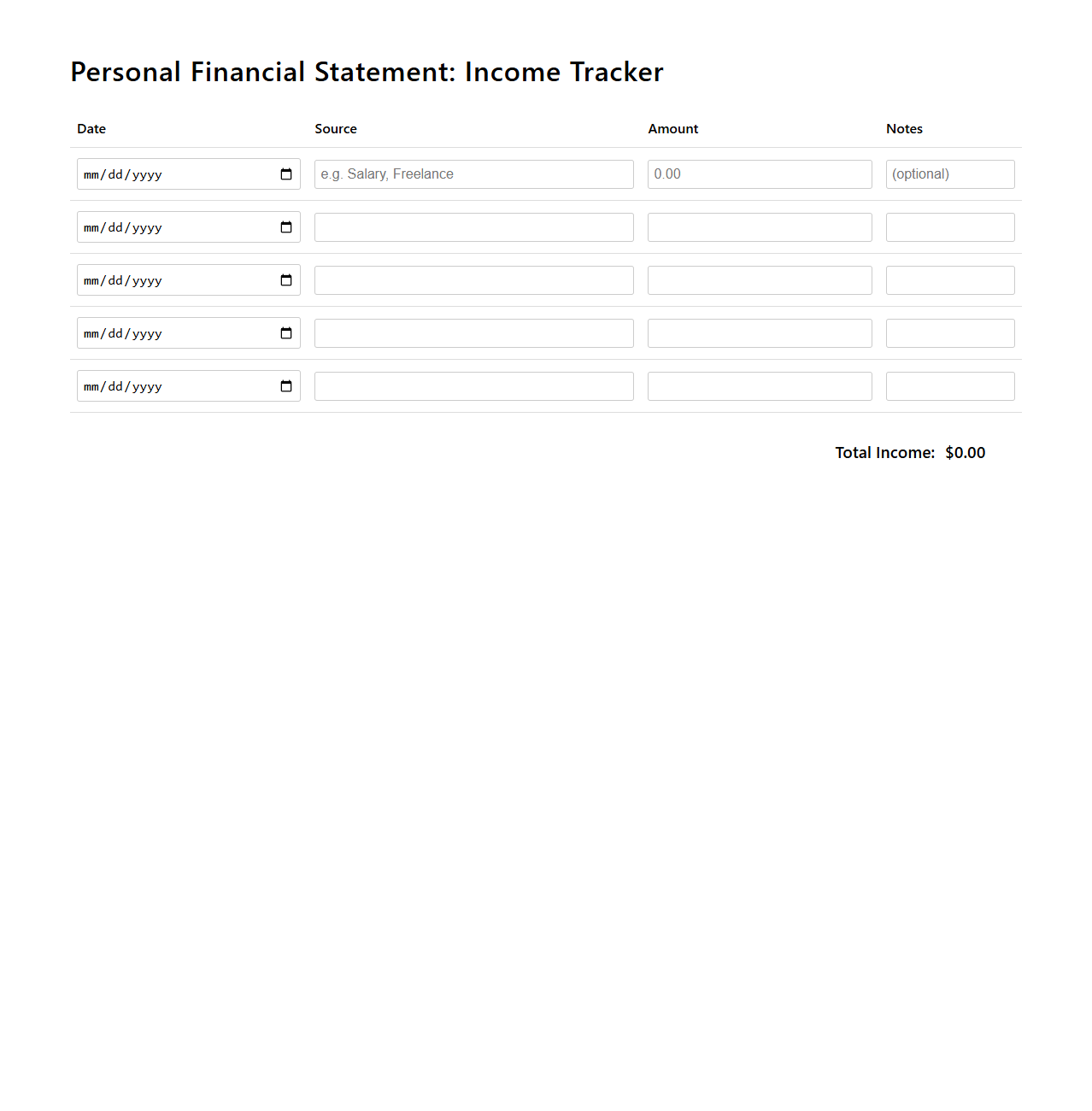 Personal Financial Statement Income Tracker