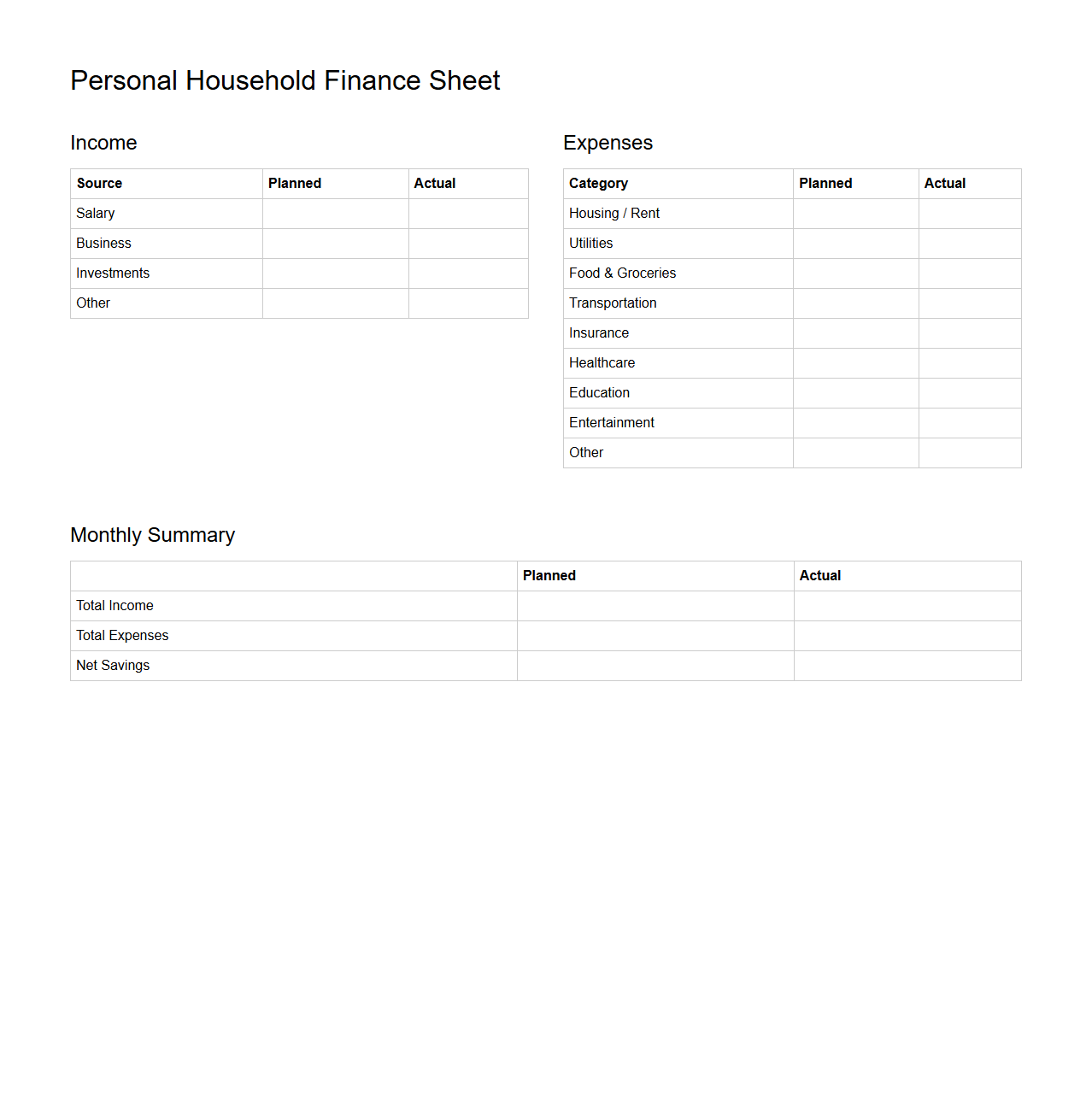 Personal Household Finance Sheet