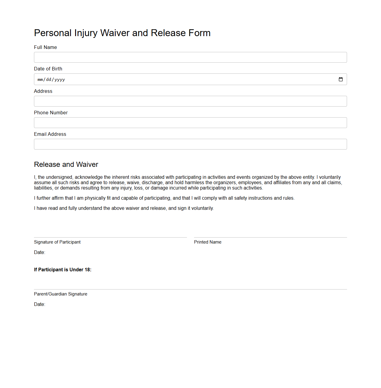 Personal Injury Waiver and Release Form