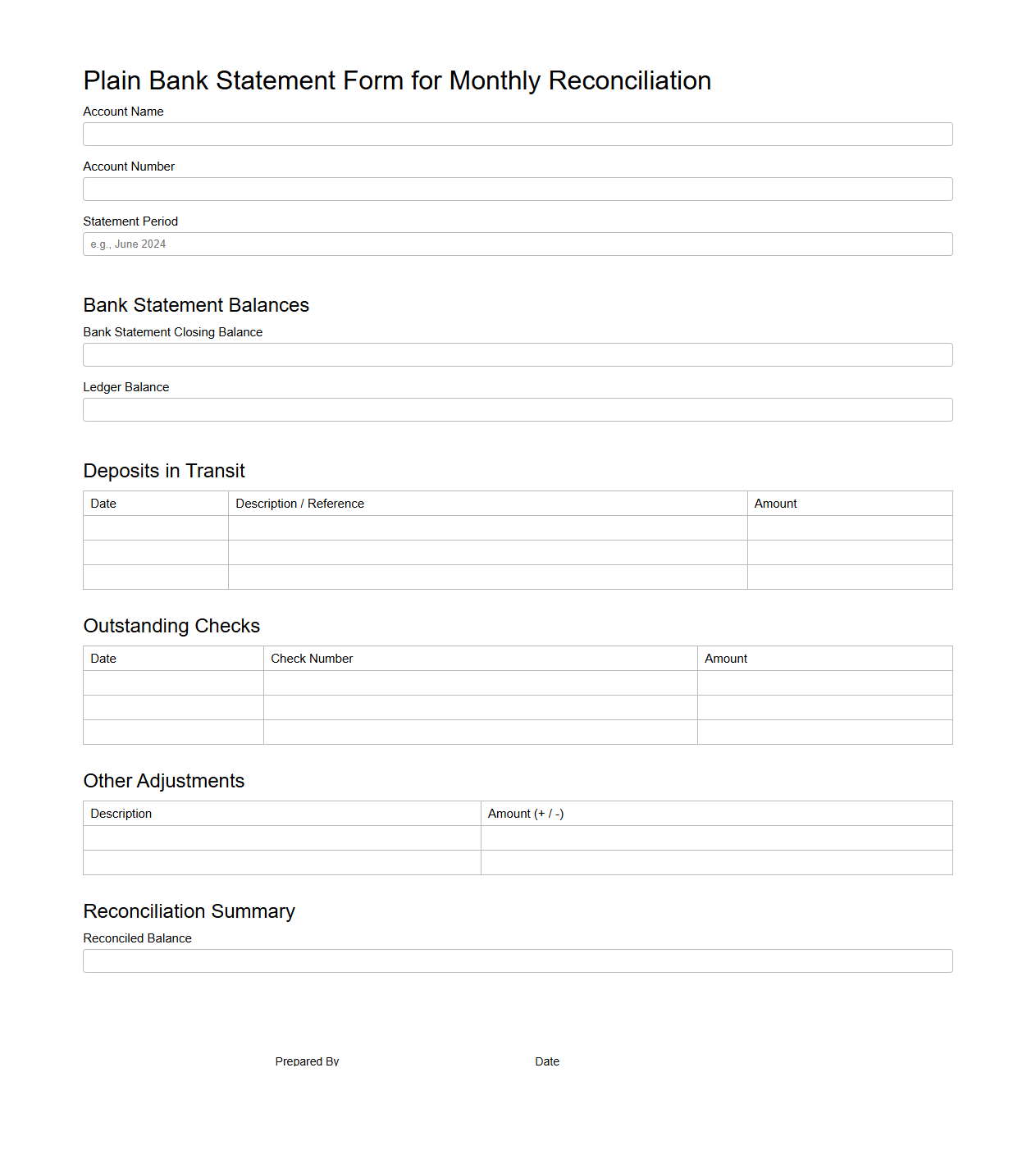 Plain Bank Statement Form for Monthly Reconciliation