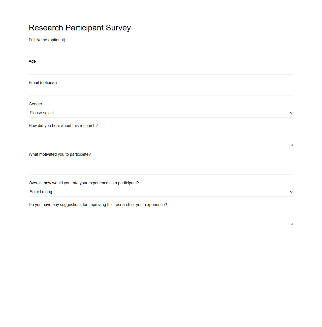 Plain Research Participant Survey Template