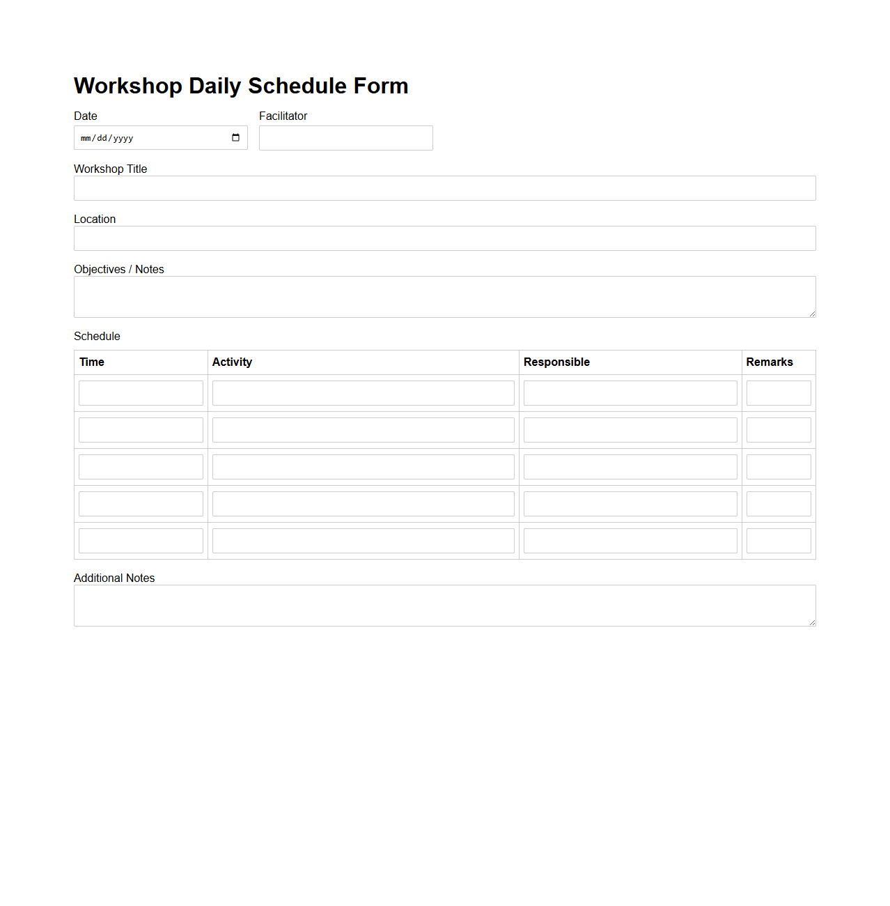 Plain Workshop Daily Schedule Form
