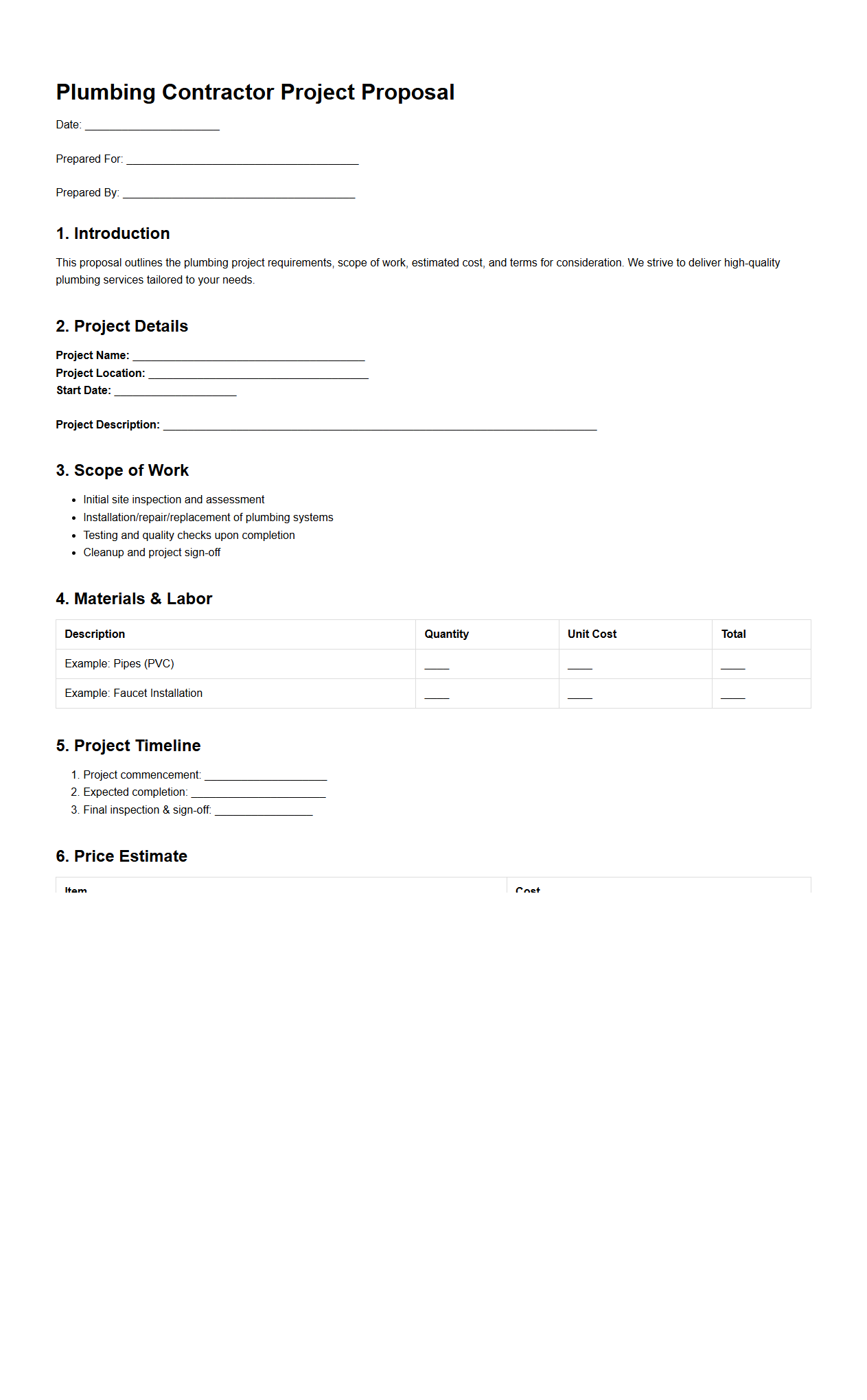 Plumbing Contractor Project Proposal Template