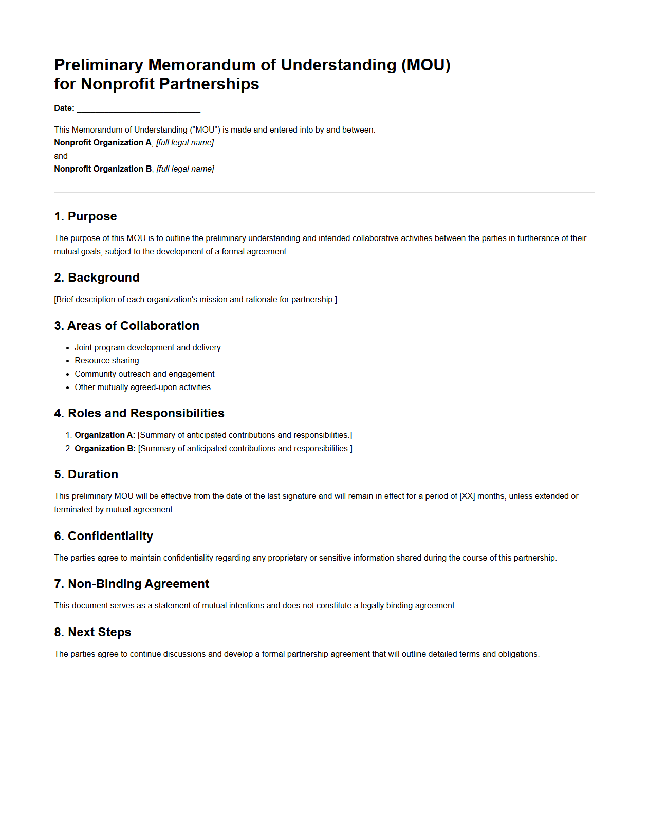 Preliminary MOU Structure for Nonprofit Partnerships