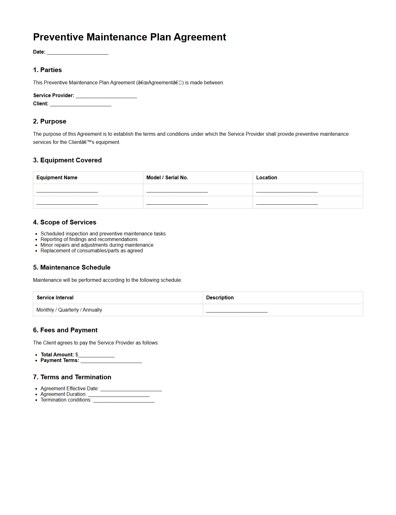 Preventive Maintenance Plan Agreement Template
