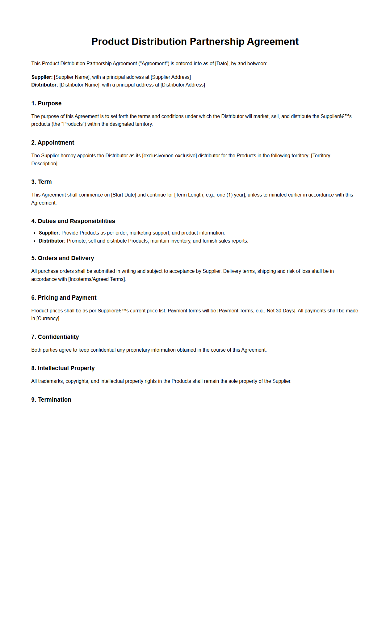 Product Distribution Partnership Agreement Template