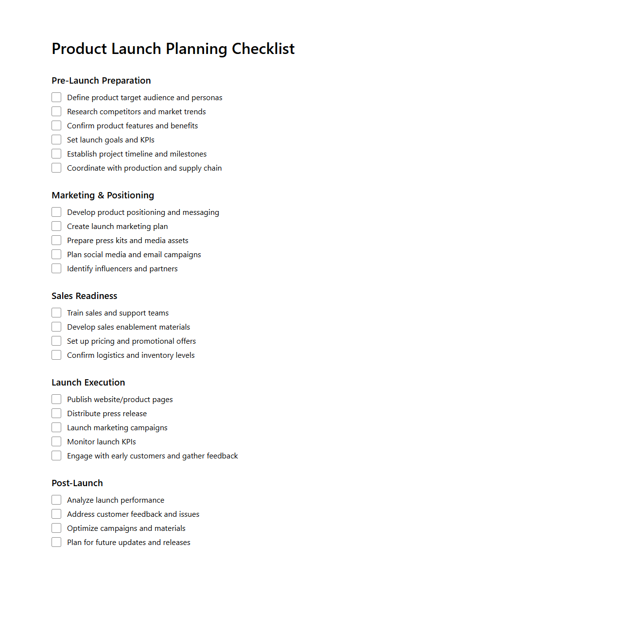 Product Launch Planning Checklist Template