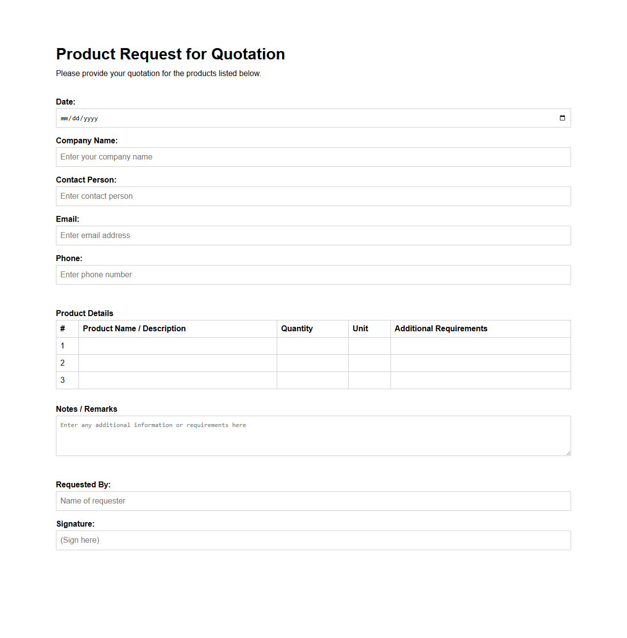 Product Request for Quotation Template