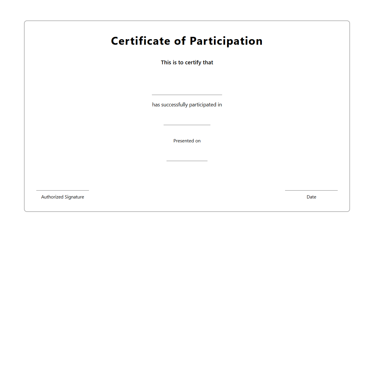 Professional Blank Participation Completion Certificate
