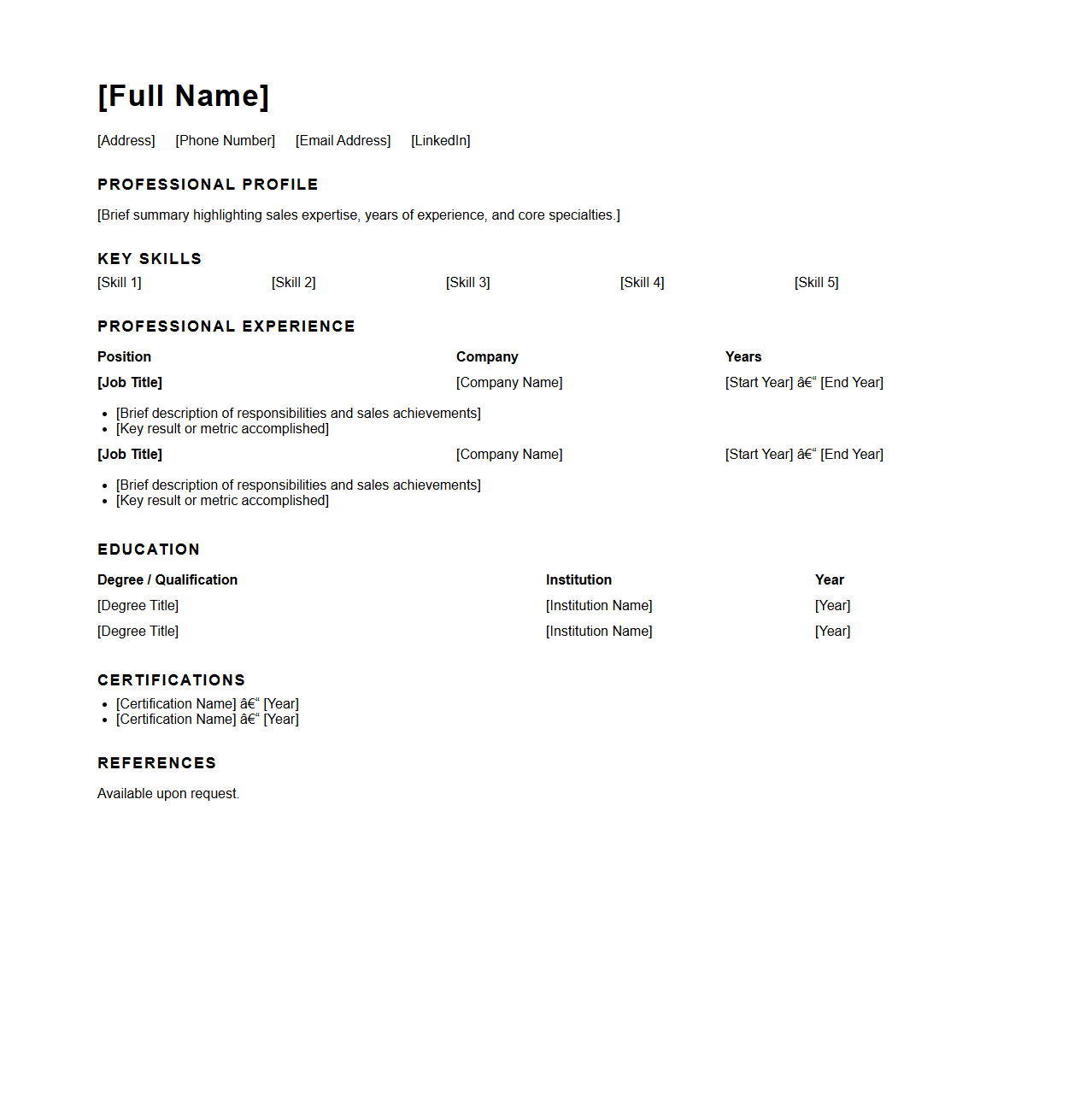 Professional Blank Sales CV Template