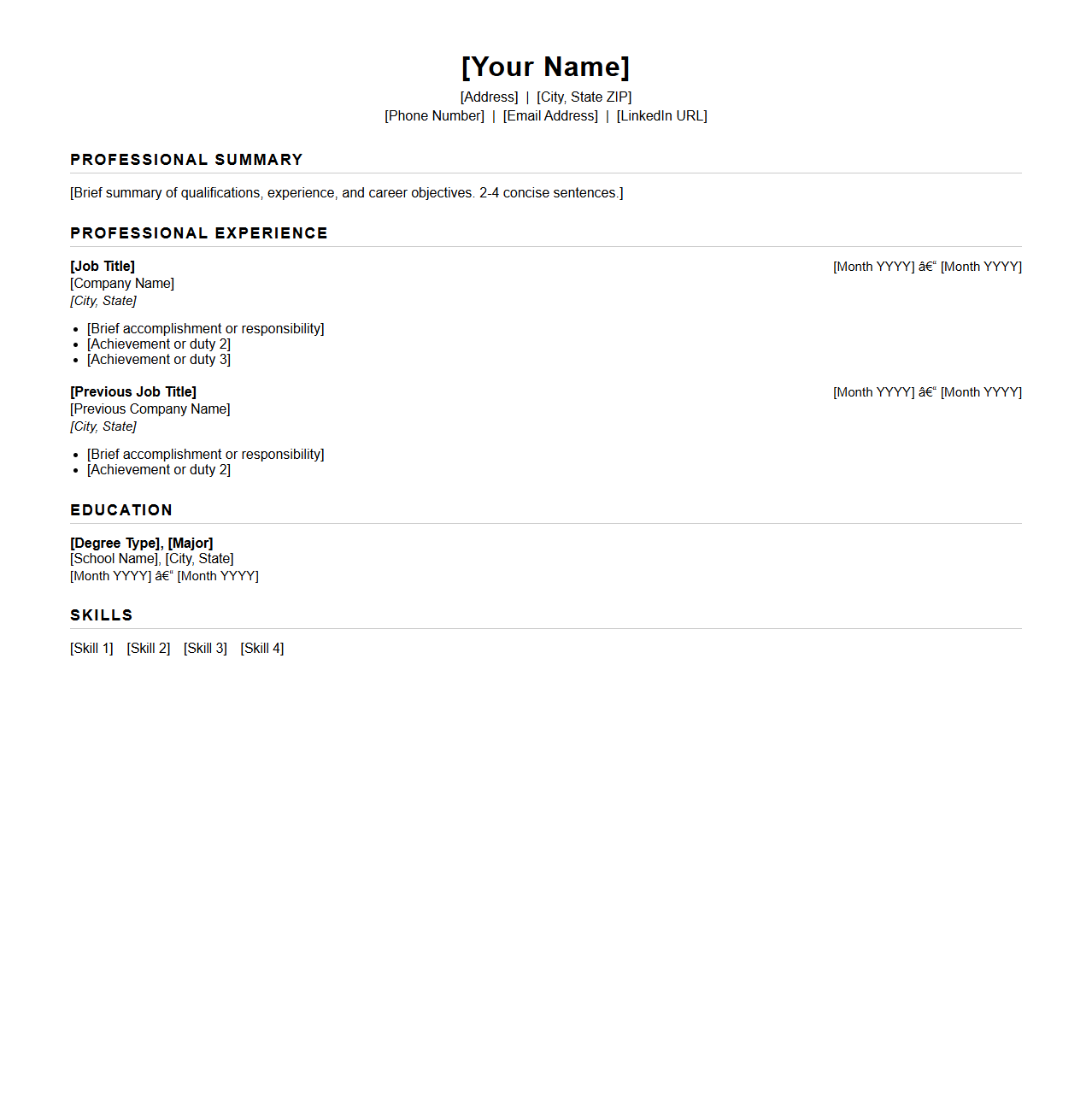 Professional Chronological Resume Layout