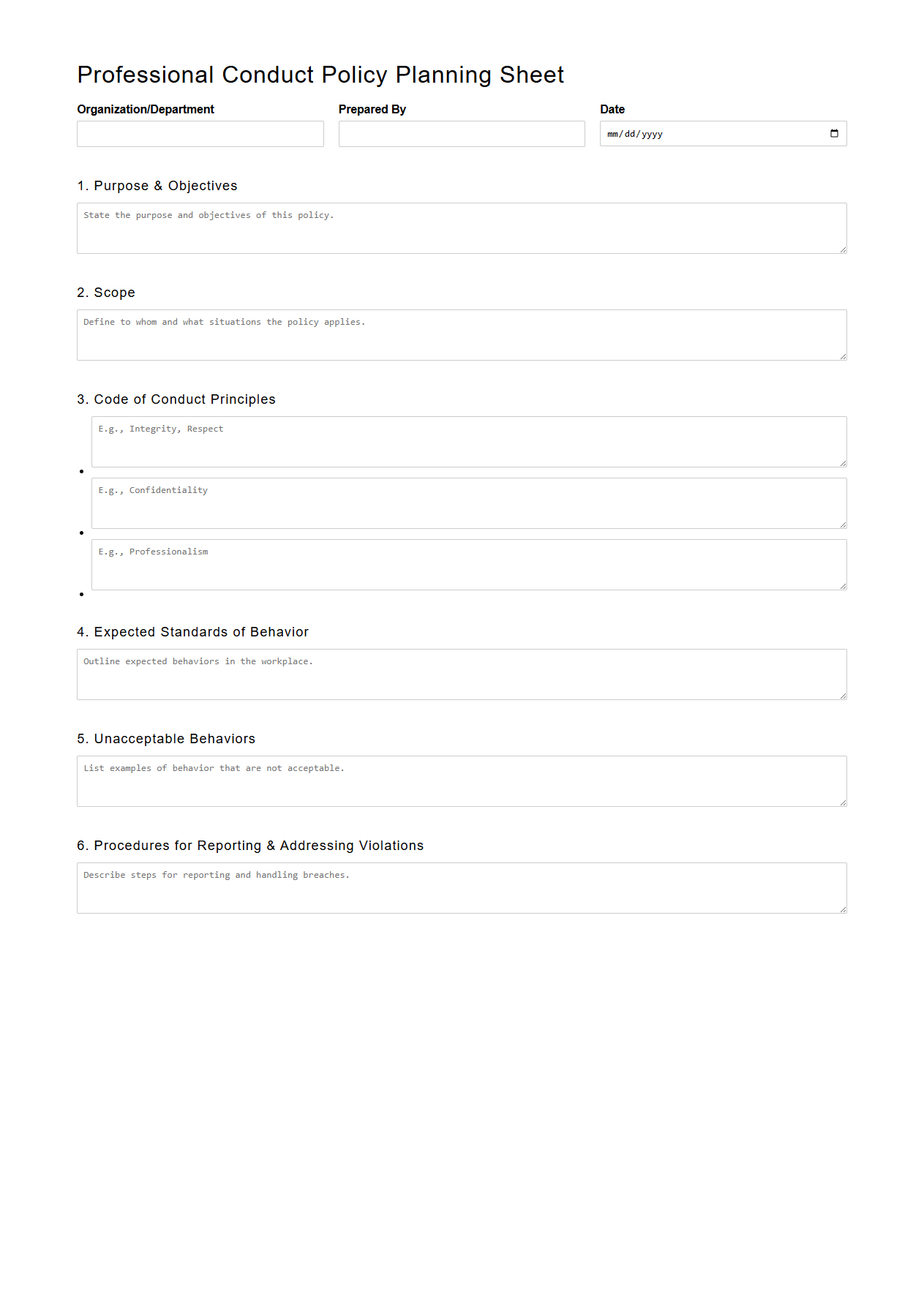 Professional Conduct Policy Planning Sheet