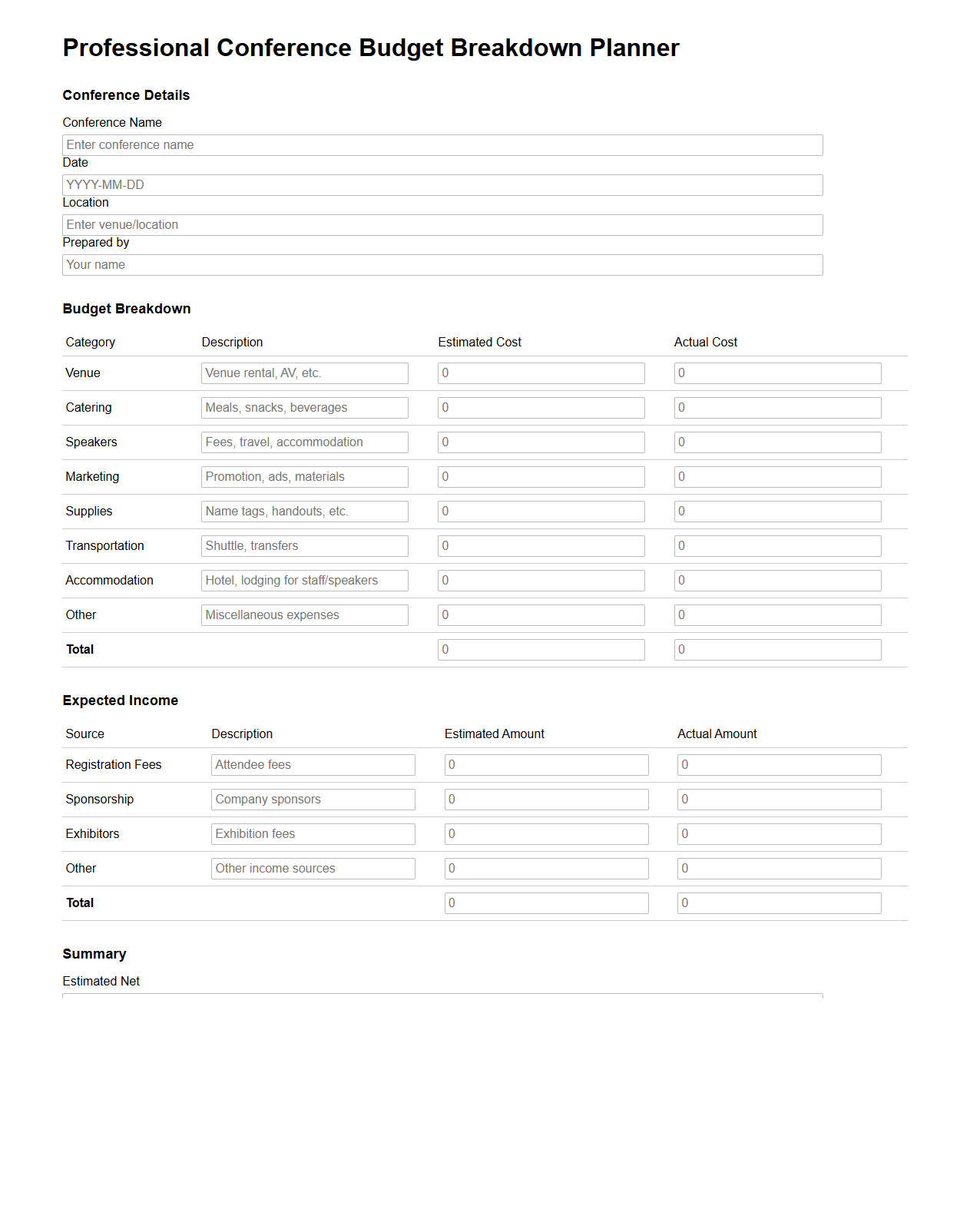 Professional Conference Budget Breakdown Planner