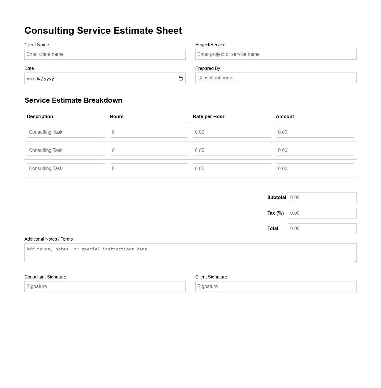 Professional Consulting Service Estimate Sheet
