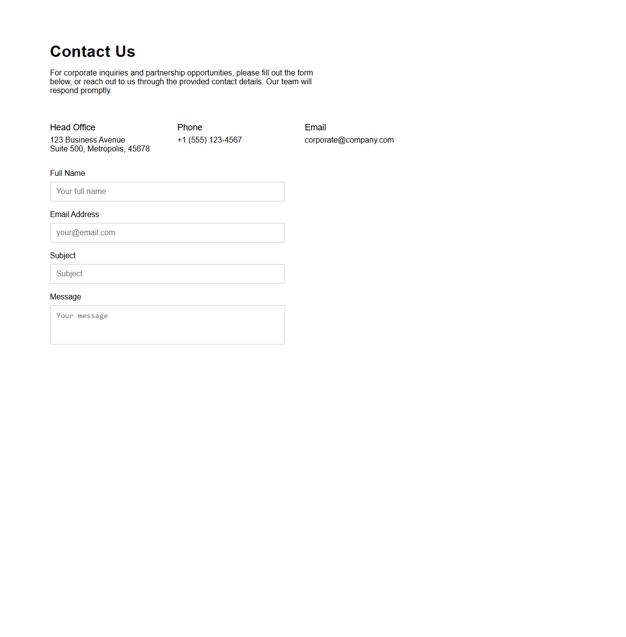 Professional Contact Section Template for Corporate Sites
