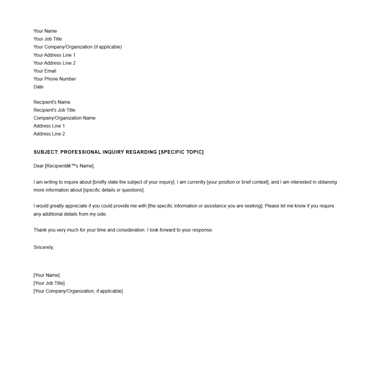 Professional Inquiry Letter Model