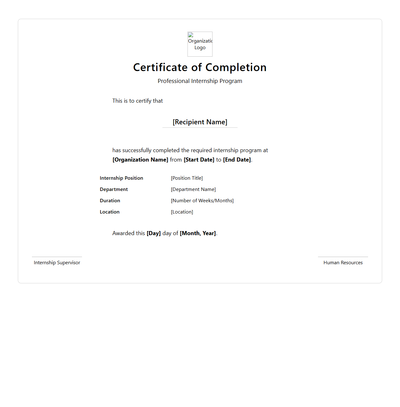 Professional Internship Completion Certificate Layout