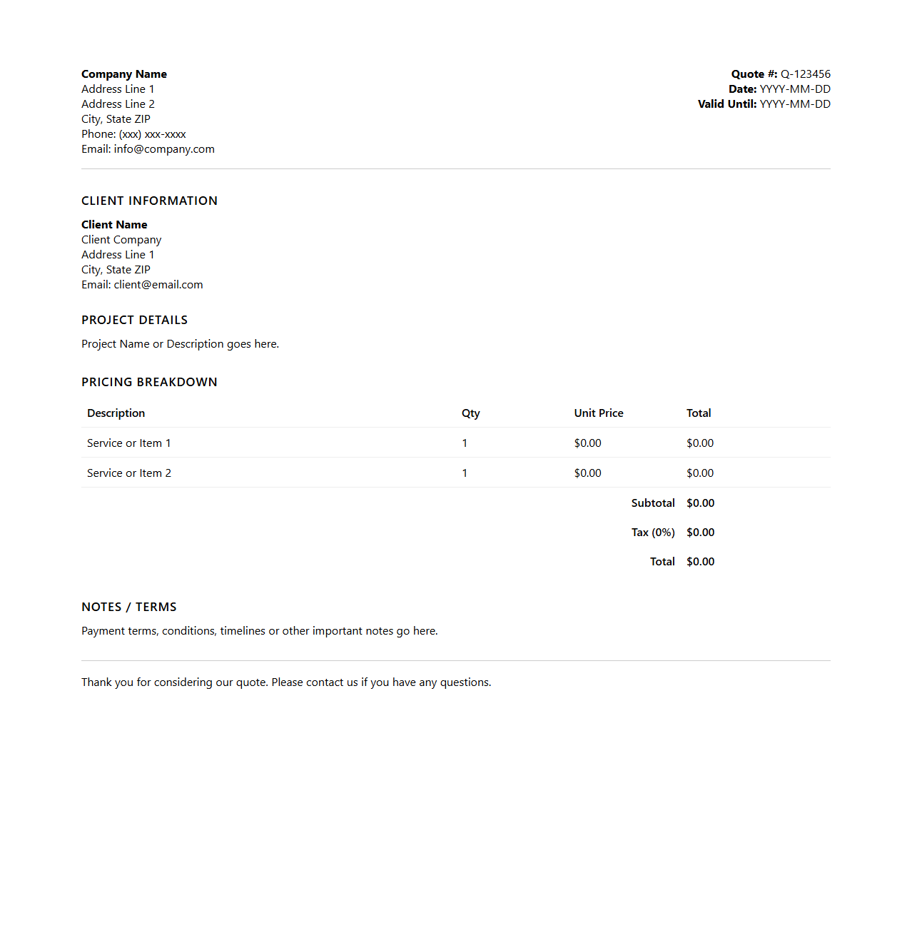 Professional Price Quote Template for Projects