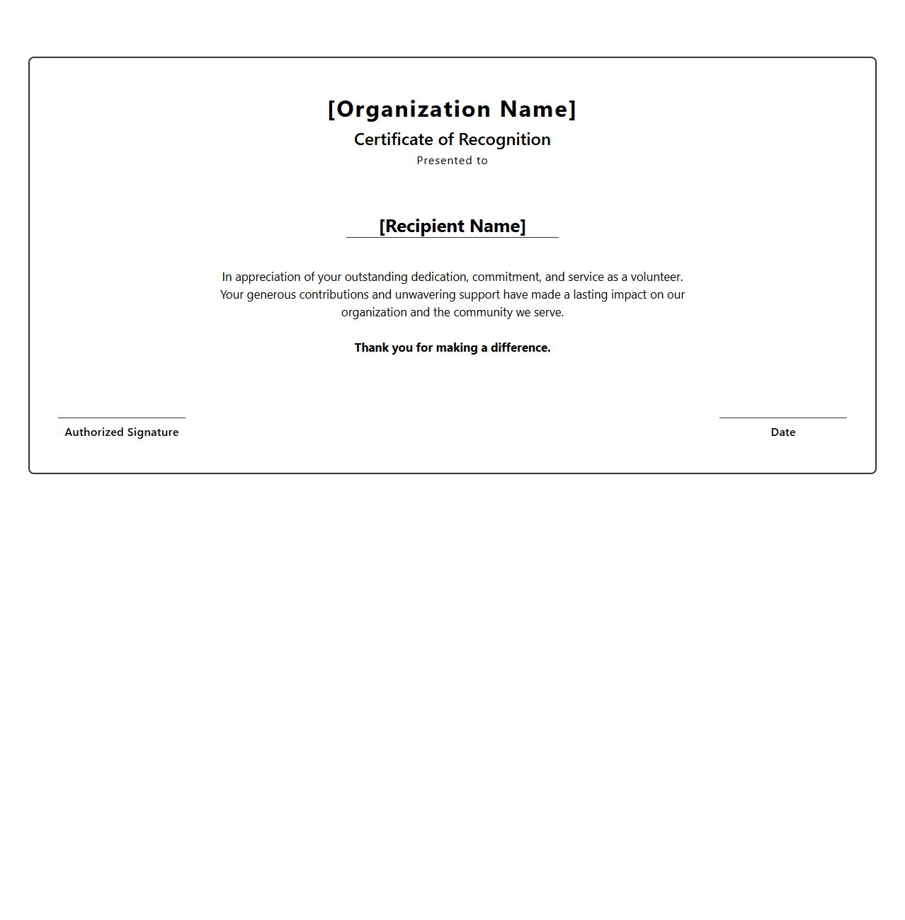 Professional Volunteer Certificate of Recognition