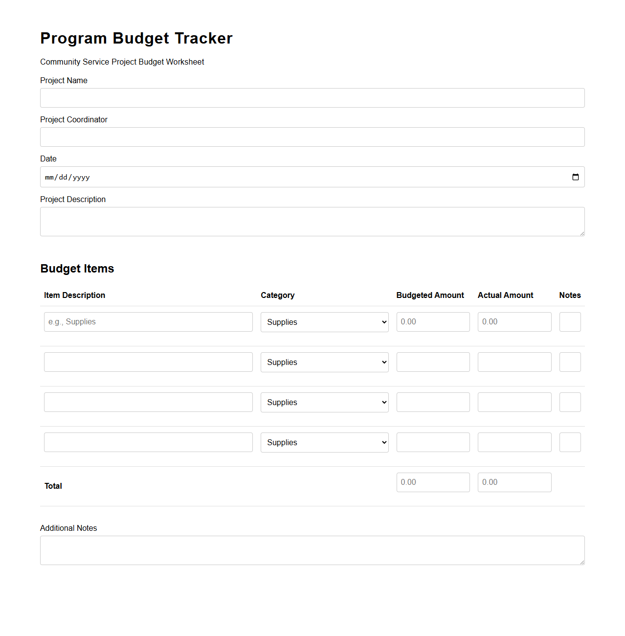 Program Budget Tracker for Community Service Projects