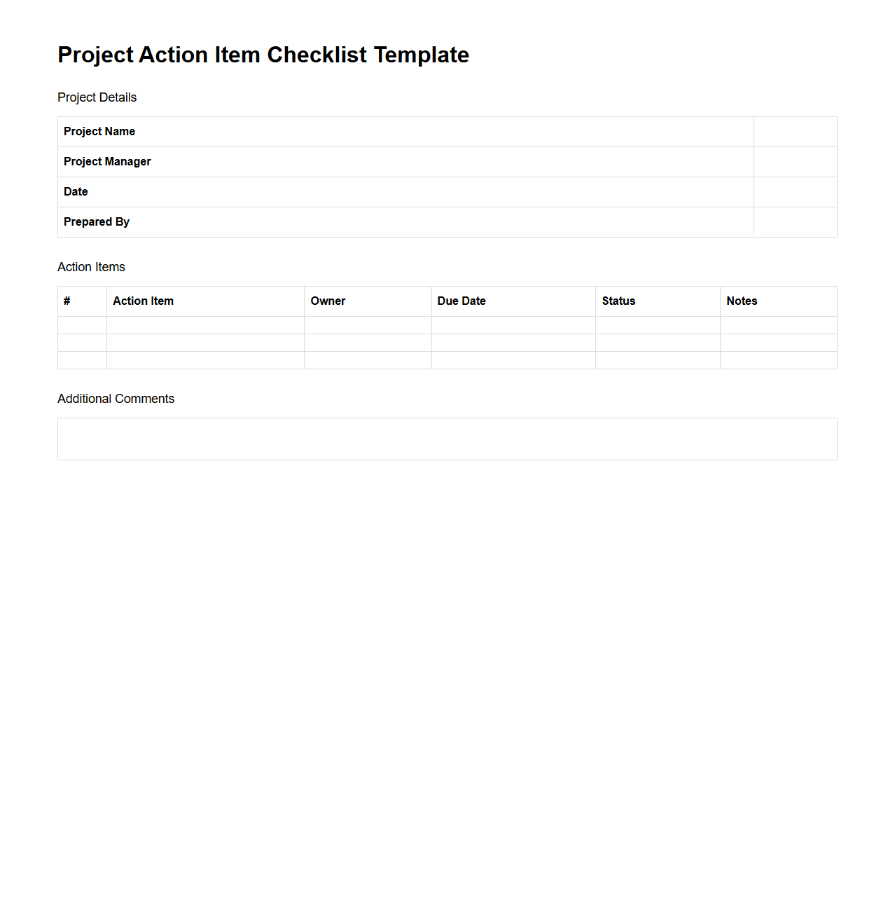 Project Action Item Checklist Template