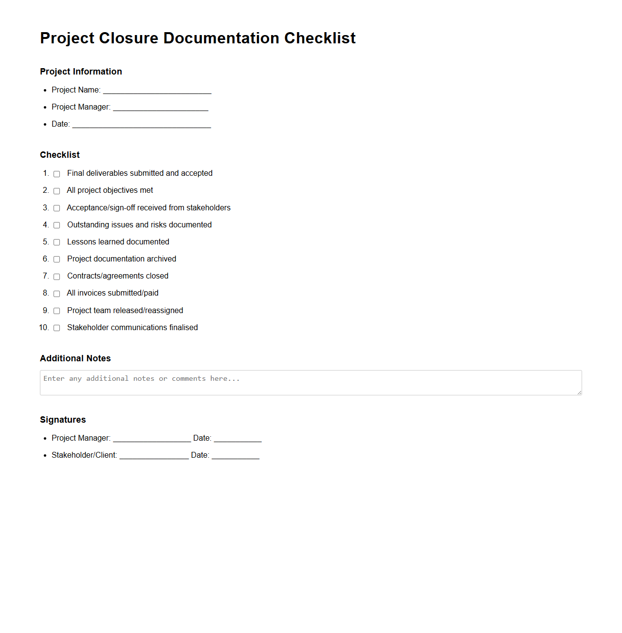 Project Closure Documentation Checklist