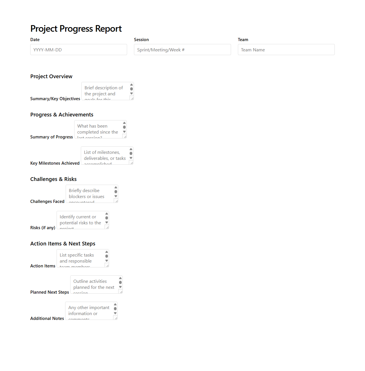 Project Progress Report Template for Team Sessions