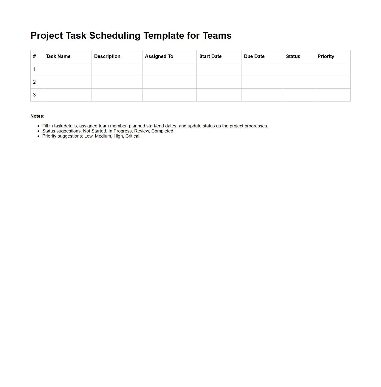 Project Task Scheduling Template for Teams