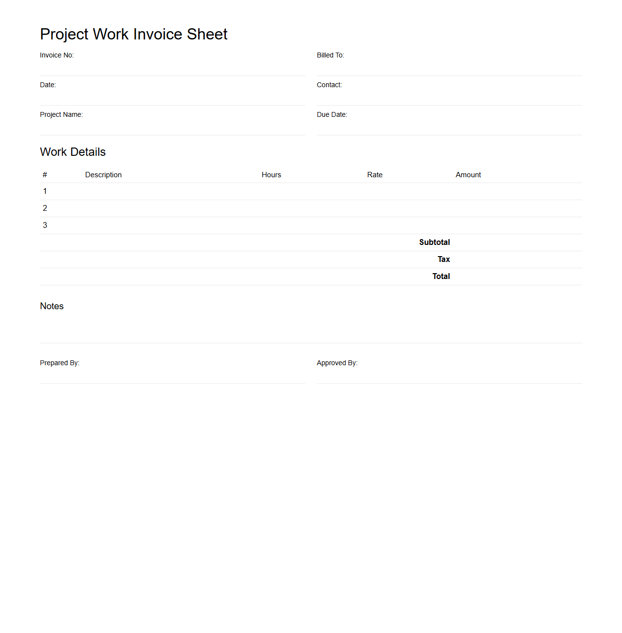Project Work Invoice Sheet