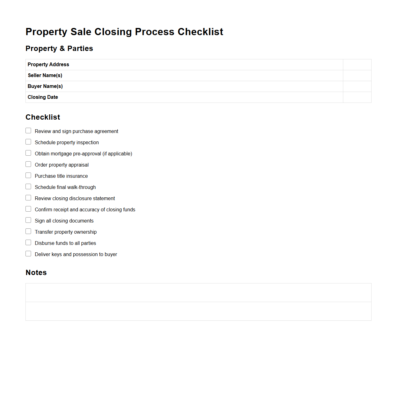 Property Sale Closing Process Checklist Template