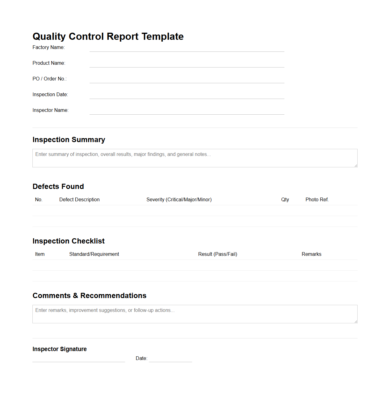 Quality Control Report Template for Product Inspections