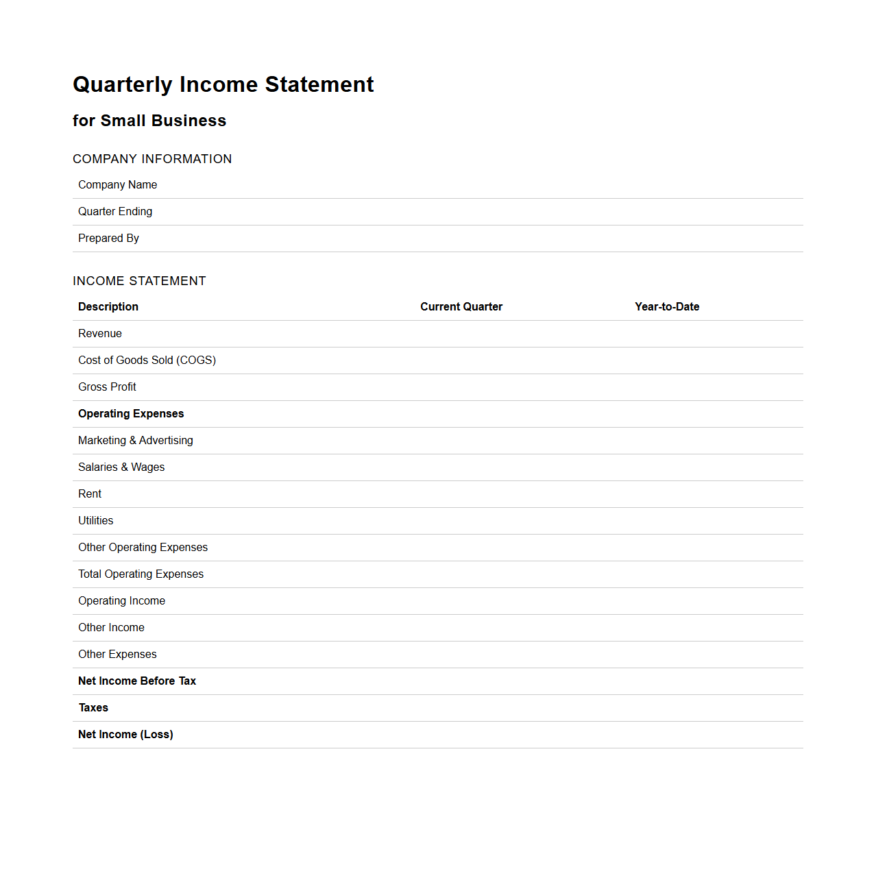 Quarterly Income Statement Structure for Small Firms