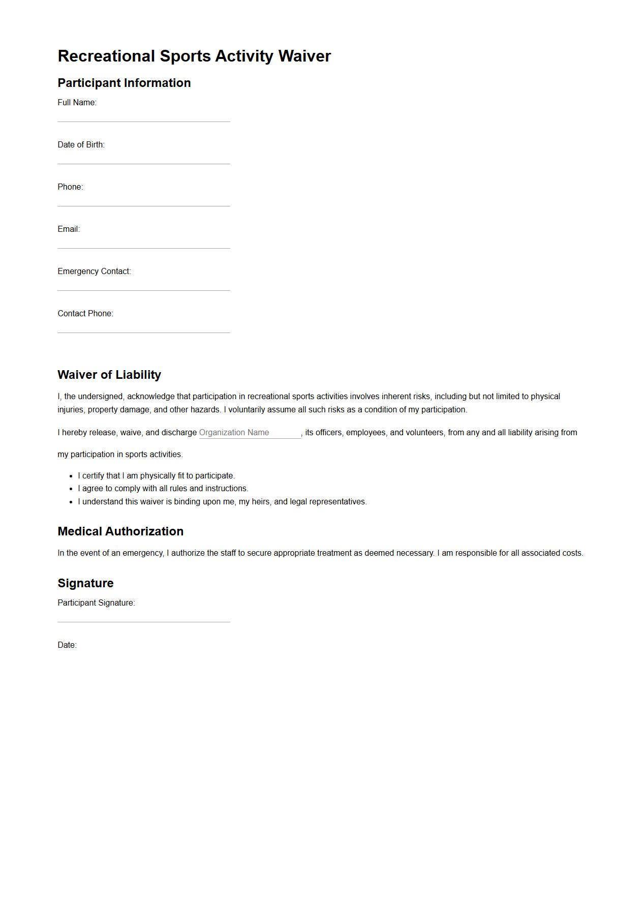 Recreational Sports Activity Waiver Template