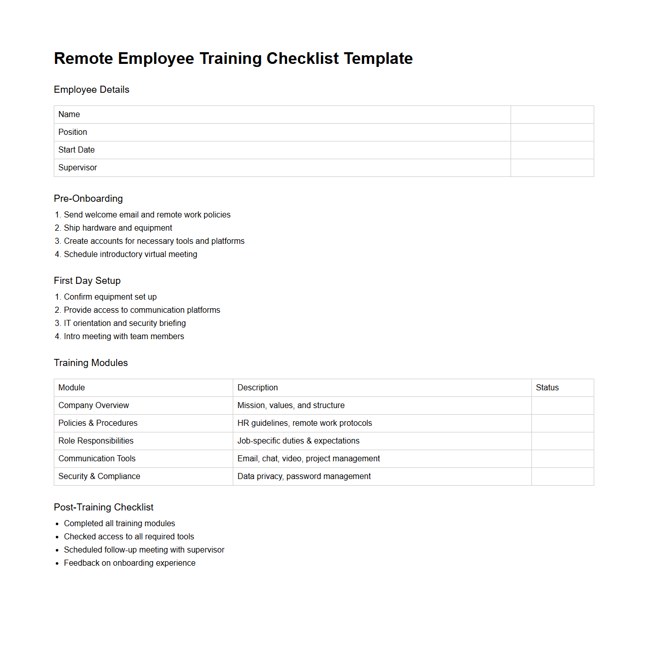 Remote Employee Training Checklist Template