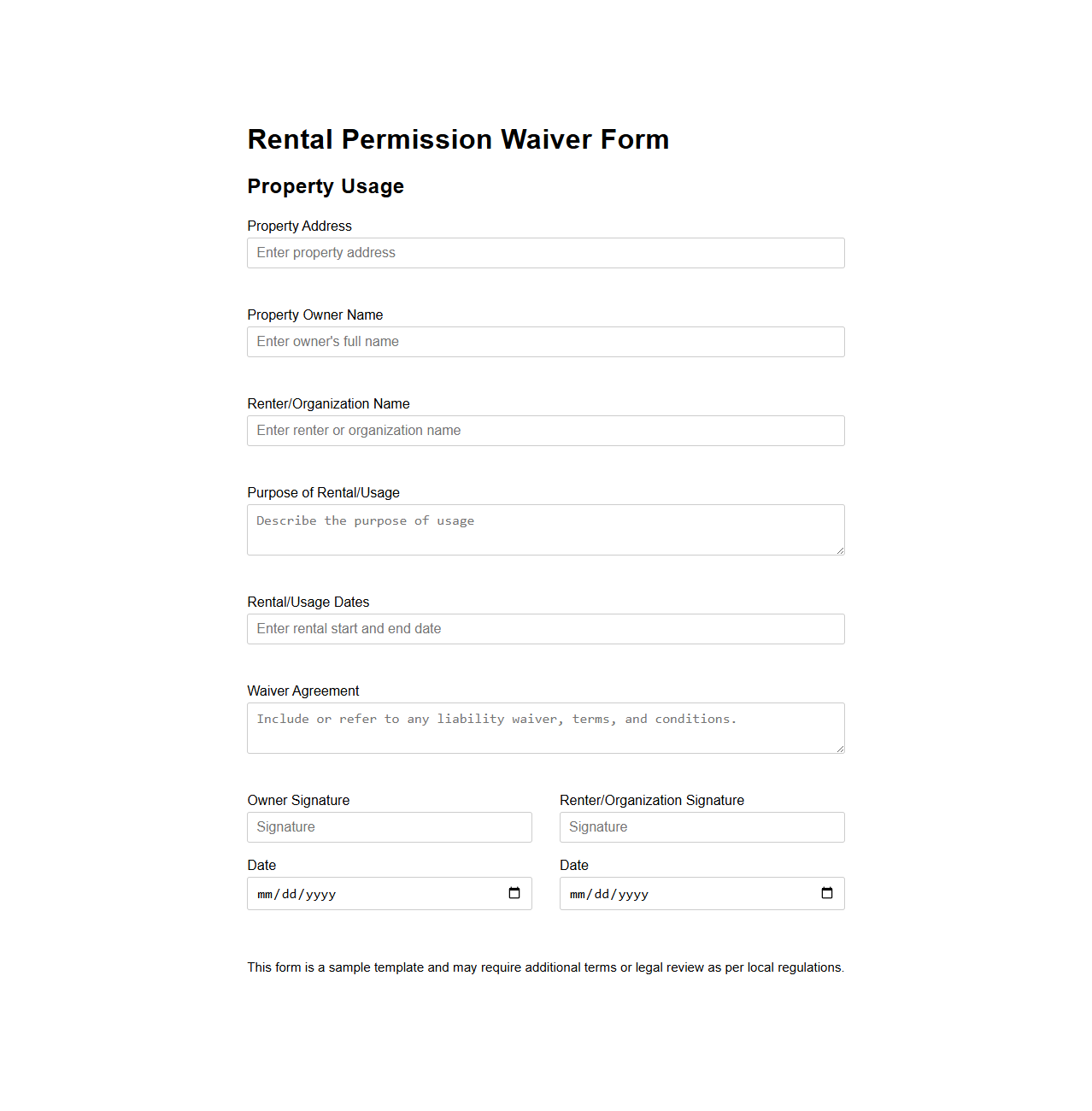 Rental Permission Waiver Form for Property Usage