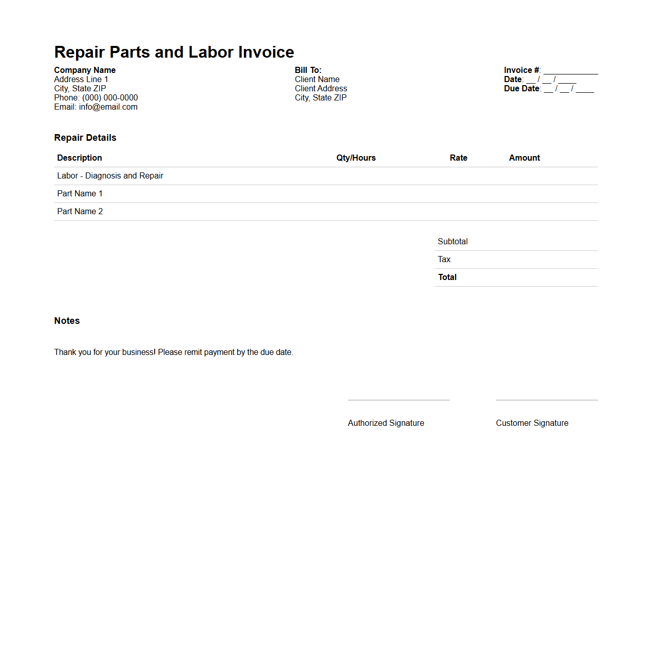 Repair Parts and Labor Invoice