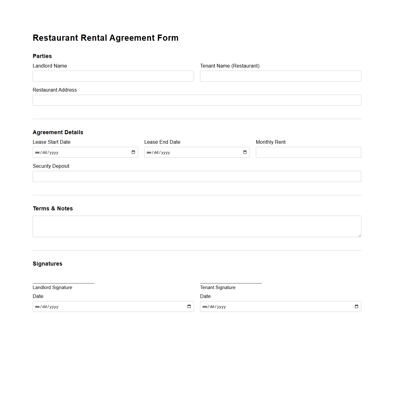 Restaurant Rental Agreement Form