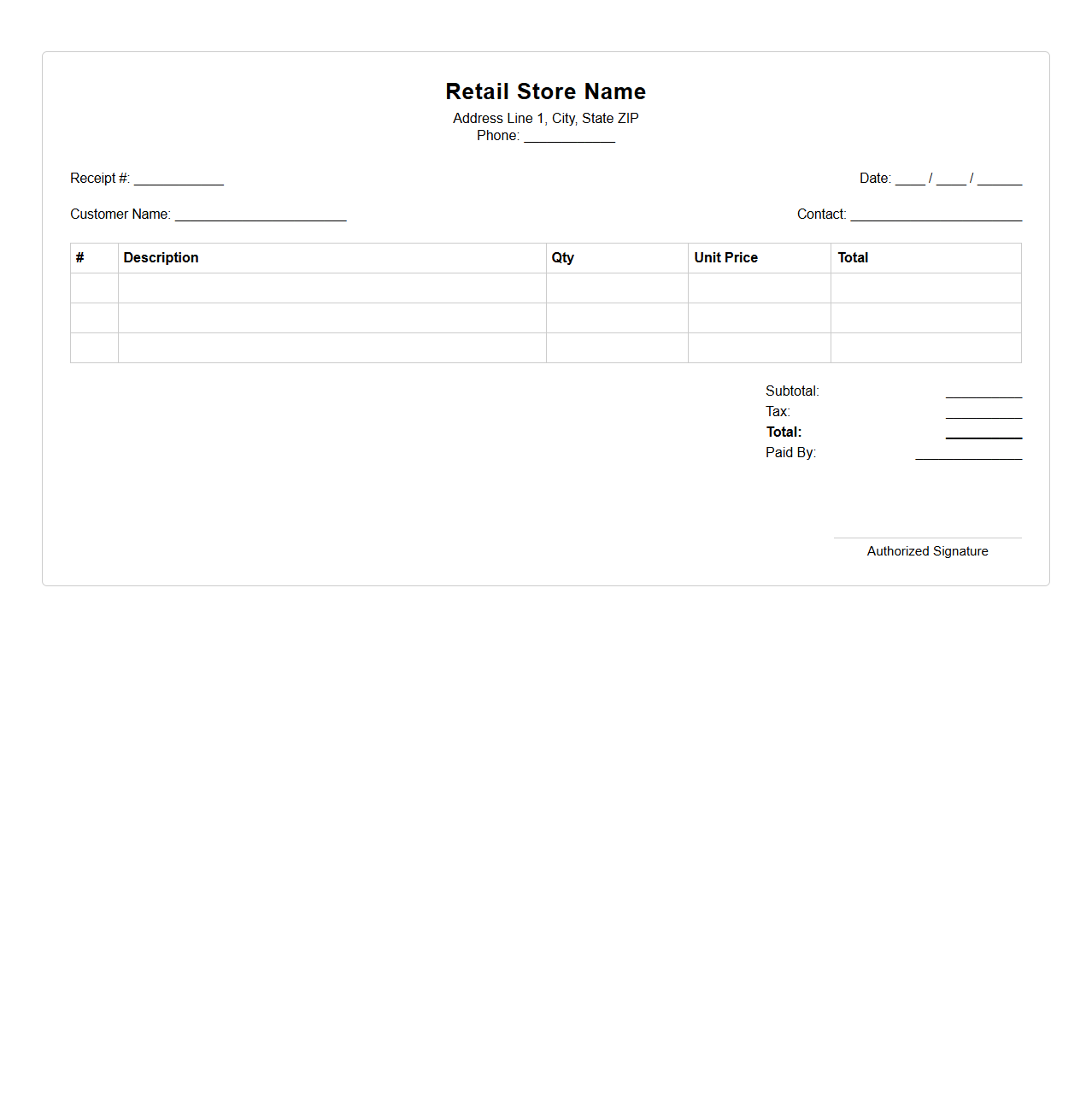 Retail Cash Sale Receipt Template