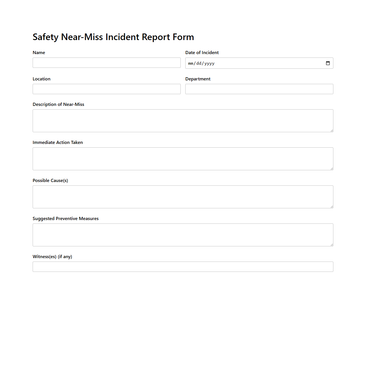Safety Near-Miss Incident Report Form