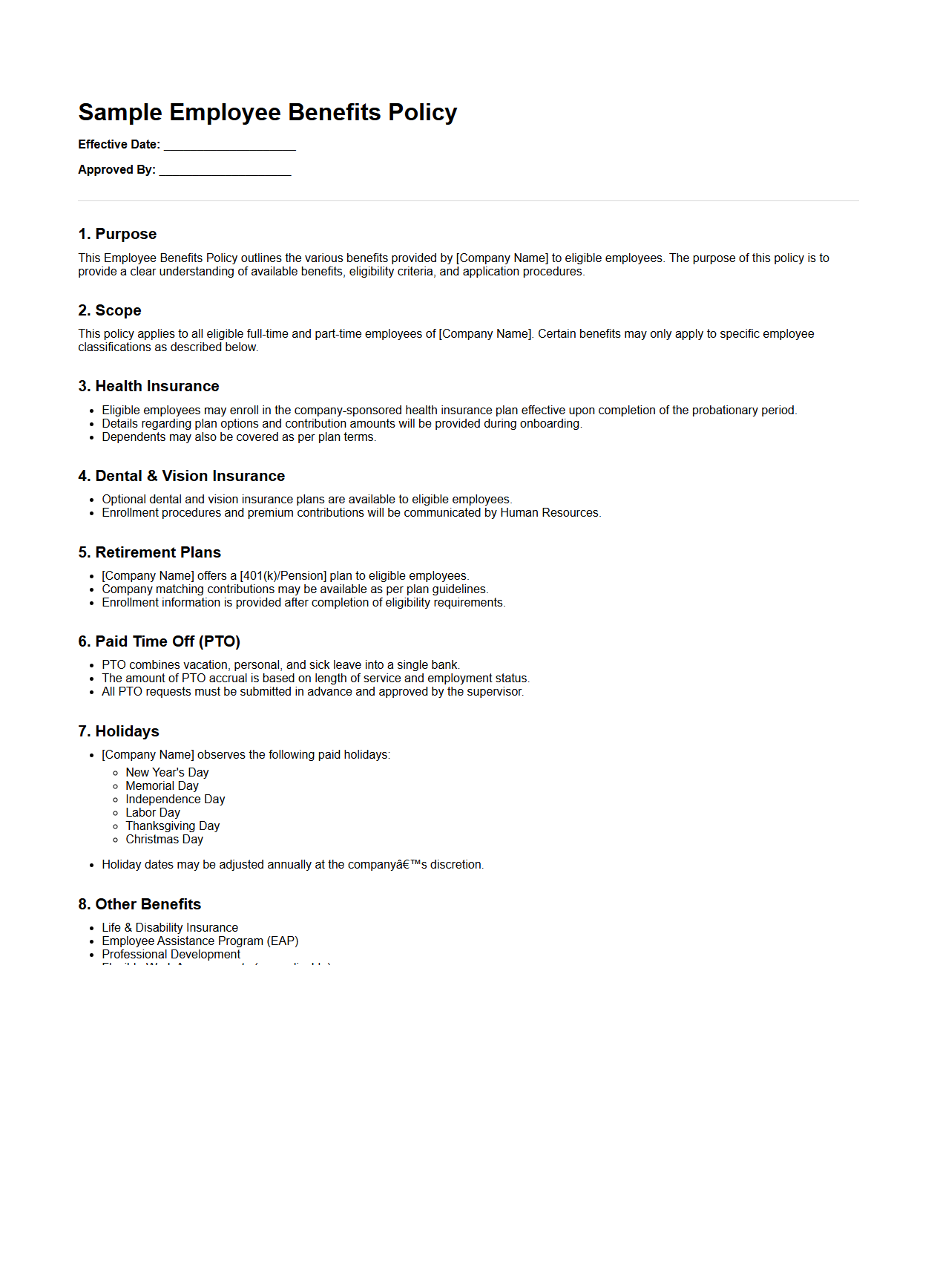 Sample Employee Benefits Policy Document Template
